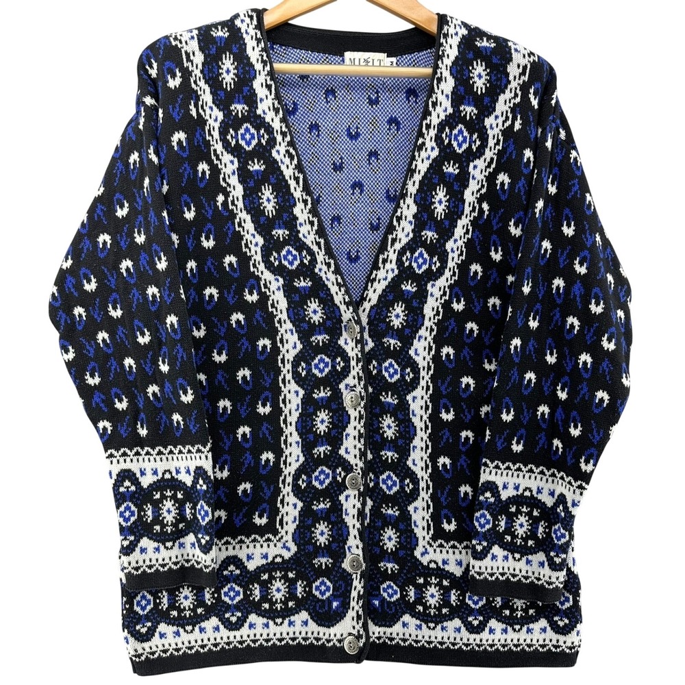 VTG Mixit Geometric Pattern Button Front Cardigan Sweater Womens Medium Blue 90s